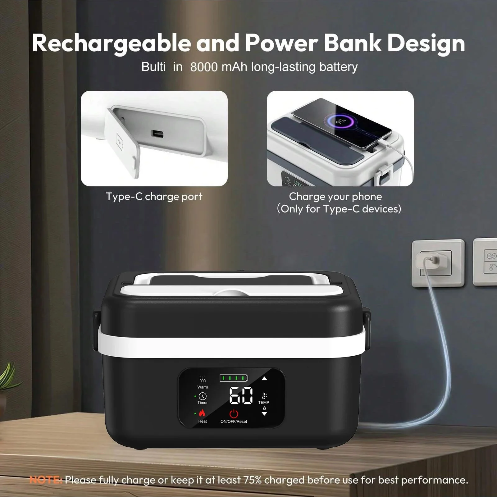 Wireless Electric Lunch Box – 8000mAh Battery 60W Heating 1L Stainless Steel Warmer - Image 4