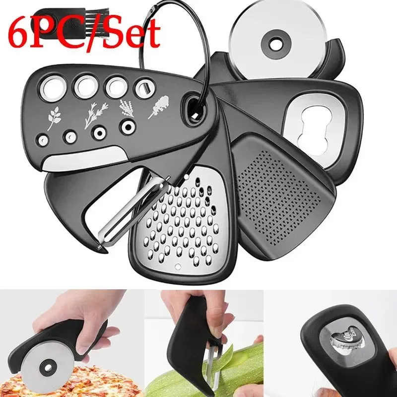 6pcs Kitchen Gadgets Set - Cheese Bottle Opener, Vegetable Peeler, Pizza Cutter, Garlic Grinder, Herb Stripper - Camp Kitchen Tools