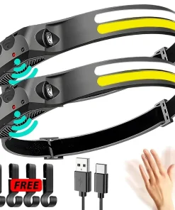 USB Rechargeable Sensor LED Headlamp – 18650 Battery, 10 Modes, COB + XPE Dual Beam for Camping, Fishing & Hiking